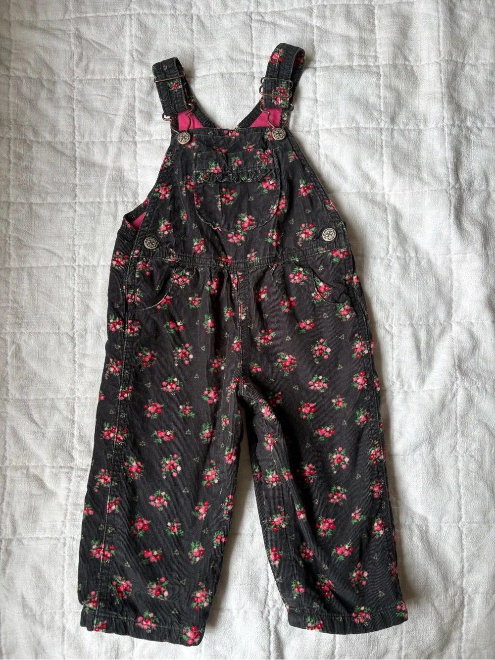 Vintage Osh Kosh Baby Girls Black Floral Overalls Pink Accents 12 Months